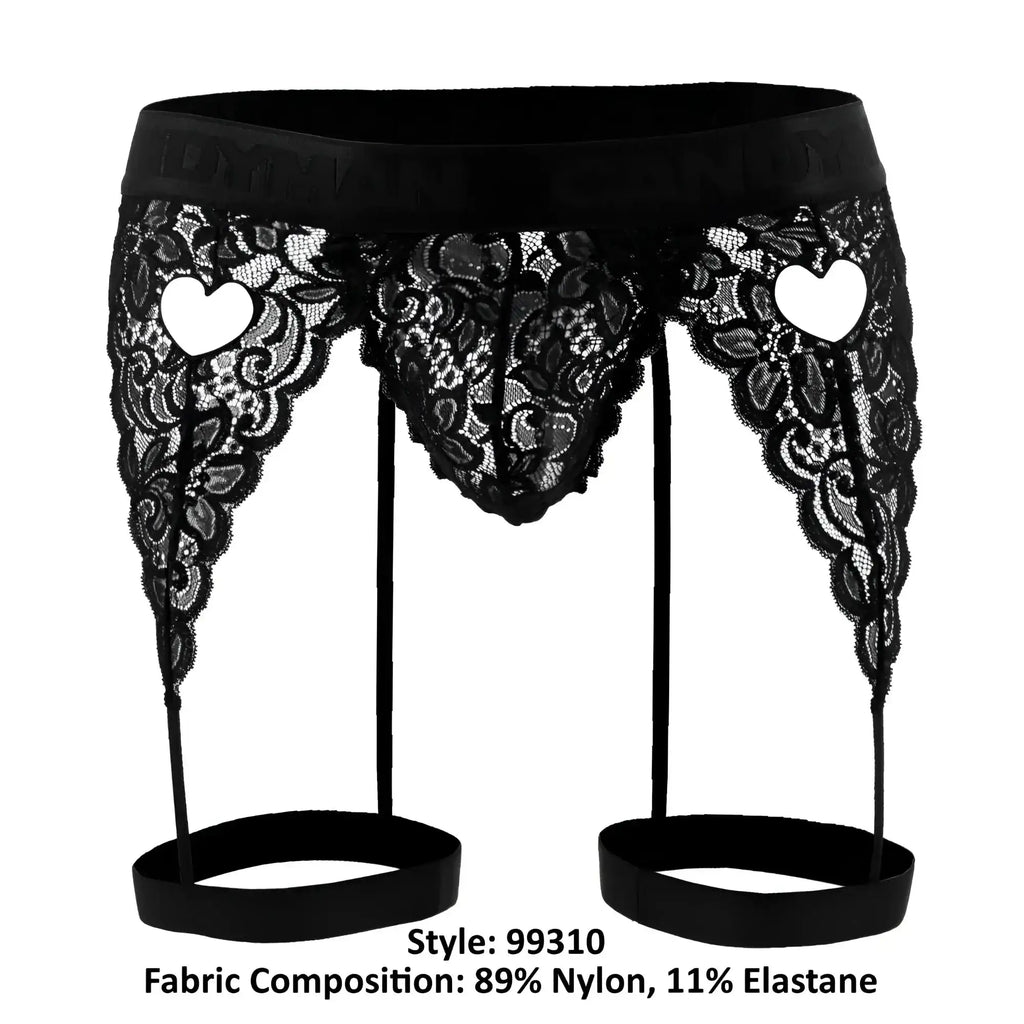 CandyMan 99310 black lace garter belt with heart-shaped cutouts and elastic straps for lingerie use