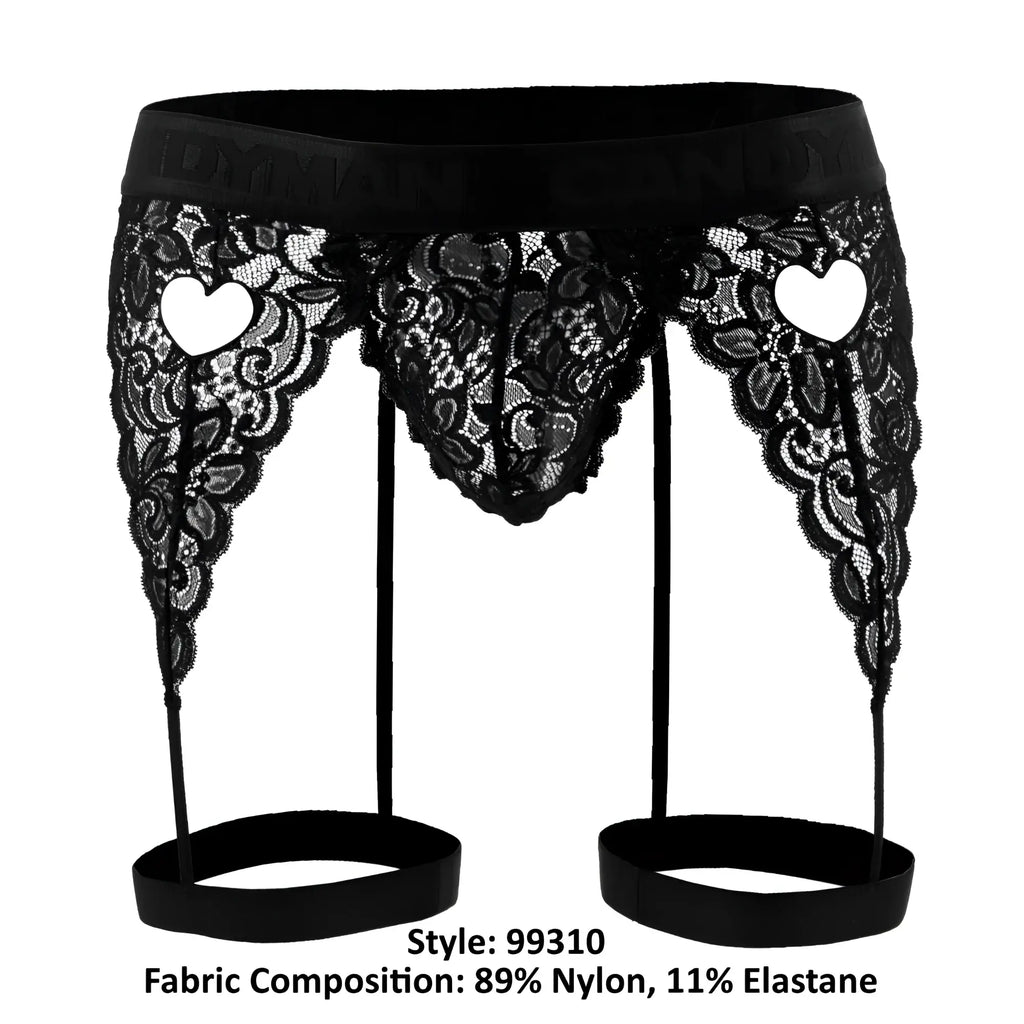 CandyMan 99310 black lace garter belt with heart-shaped cutouts and elastic straps for lingerie use