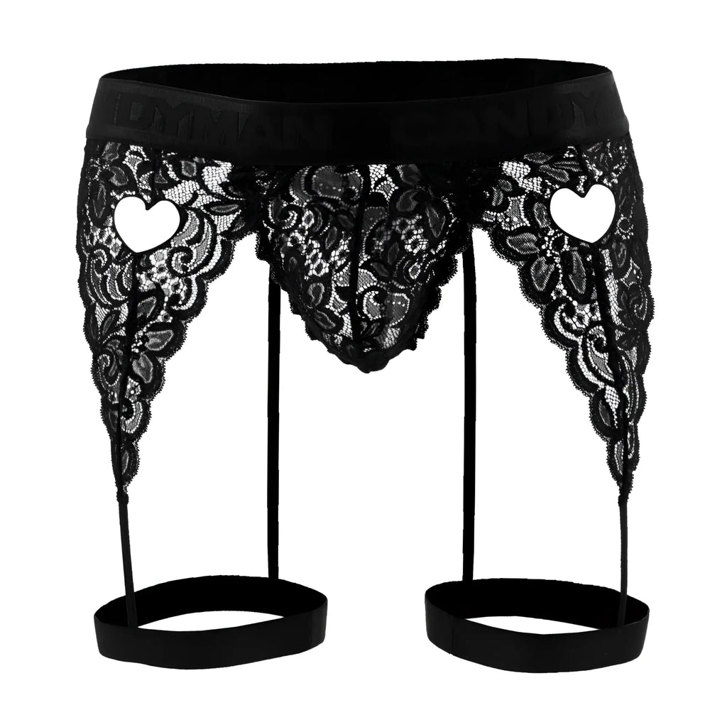 Black lace garter belt with heart-shaped cutouts and satin waistband from candyman 99310 thongs in black