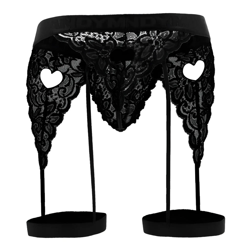 Black lace garter belt with heart-shaped cutouts and matching leg straps from candyman 99310 thongs color black