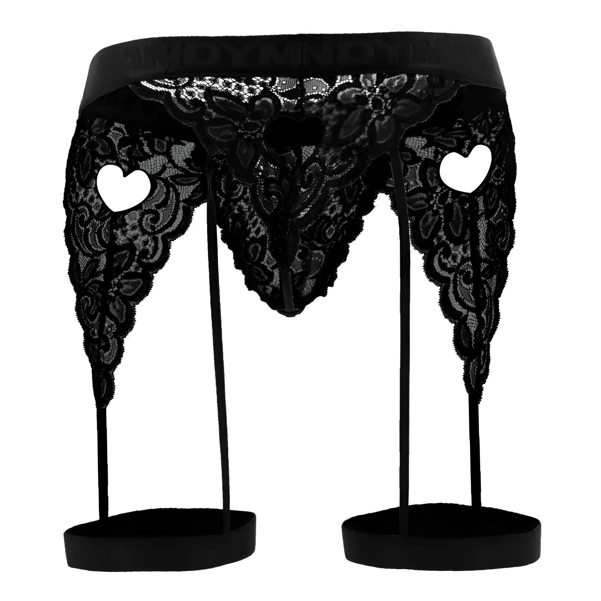 Black lace garter belt with heart-shaped cutouts and matching leg straps from candyman 99310 thongs color black