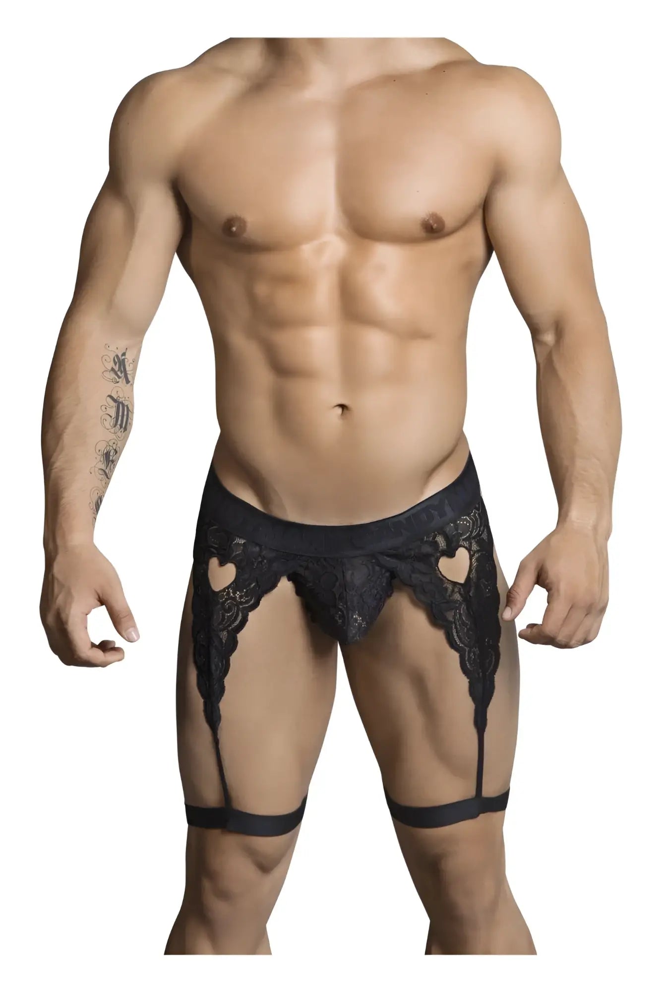 Black lace men’s garter belt with heart-shaped cutouts and matching straps from candyman 99310 thongs color black