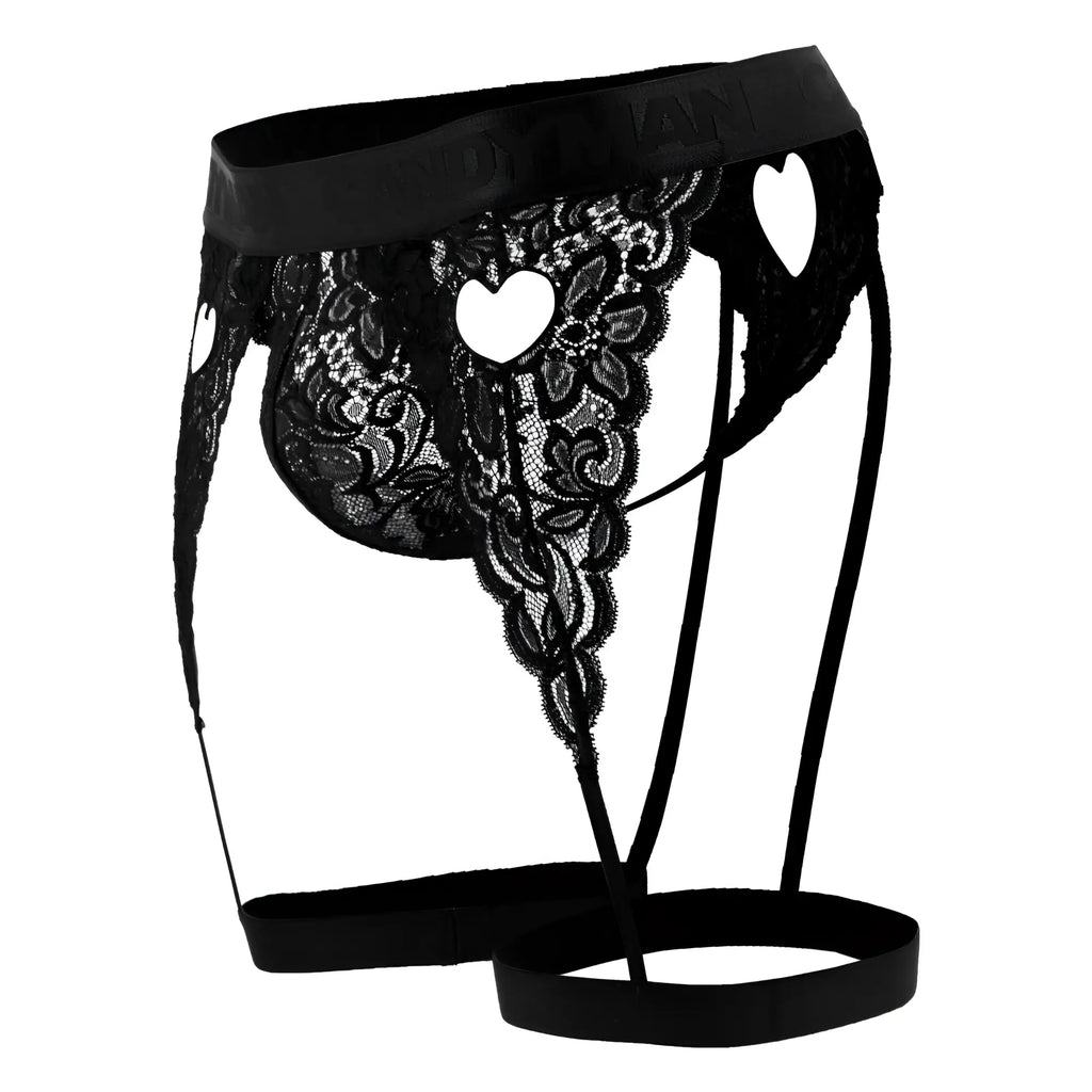 Black lace CandyMan 99310 men’s thong with heart-shaped cutouts and satin waistband in black color