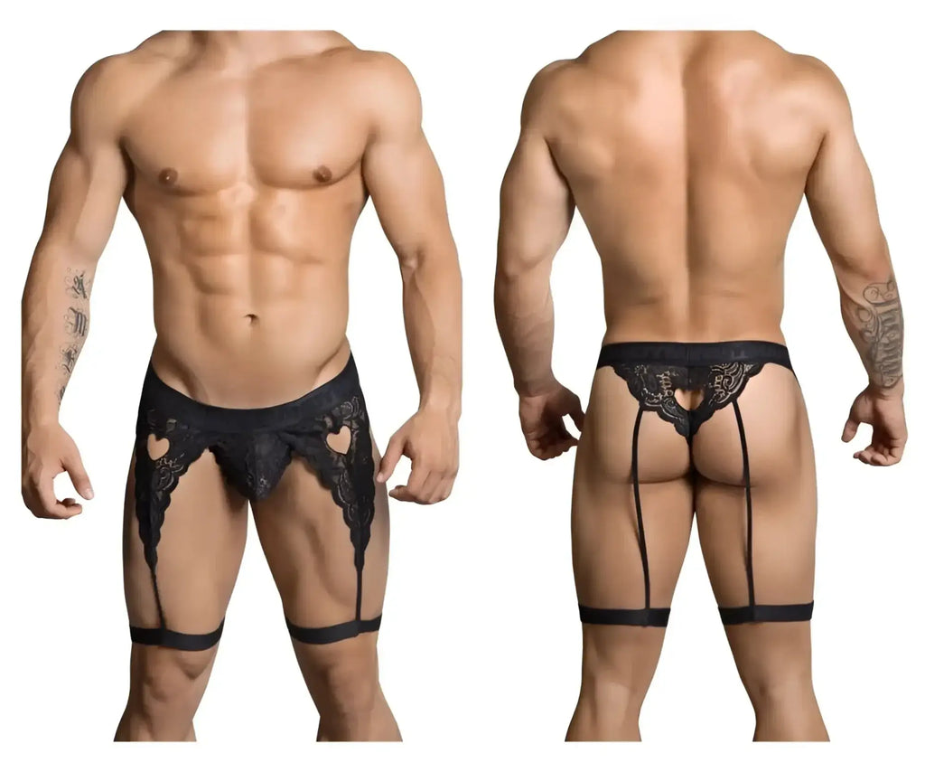 Black lace thong candyMan 99310 with heart-shaped cutouts and adjustable straps in black