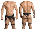 Black lace thong candyMan 99310 with heart-shaped cutouts and adjustable straps in black