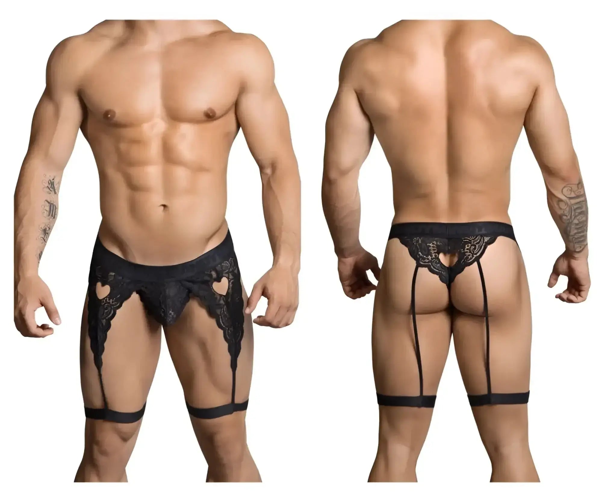 Black lace thong candyMan 99310 with heart-shaped cutouts and adjustable straps in black