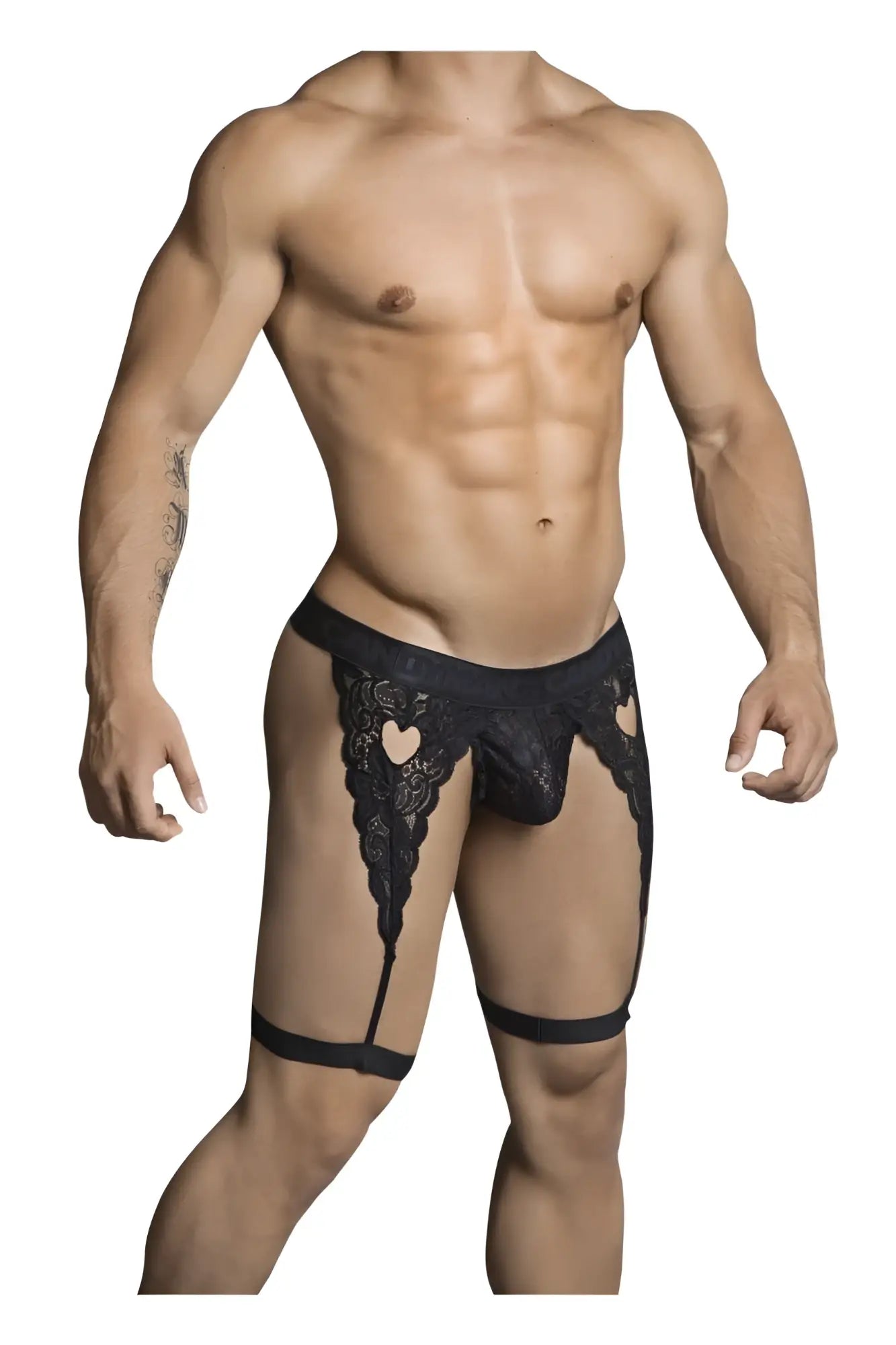 Black lace thong CandyMan 99310 with heart-shaped cutouts and leg straps in black shown from the back side