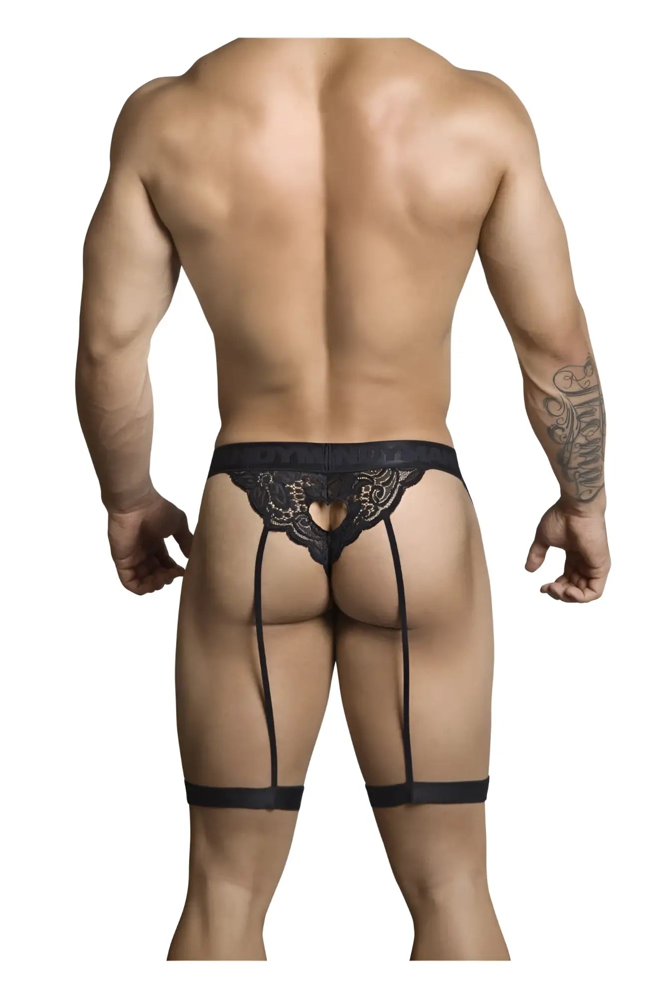 Black lace CandyMan 99310 thong in black with three suspenders and heart-shaped cutout at the center front