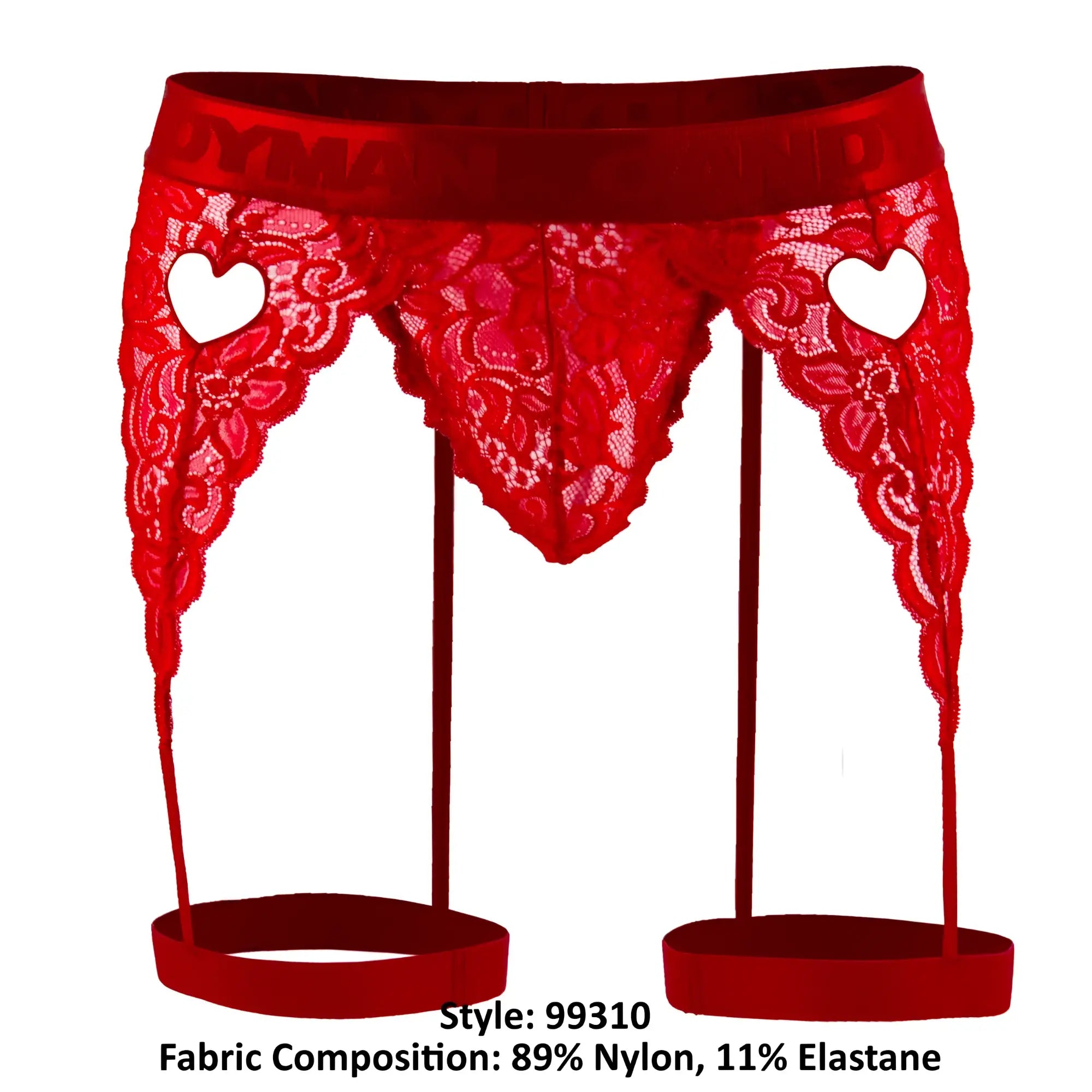 Red lace CandyMan 99310 garter belt with heart-shaped cutouts and matching leg straps for lingerie use
