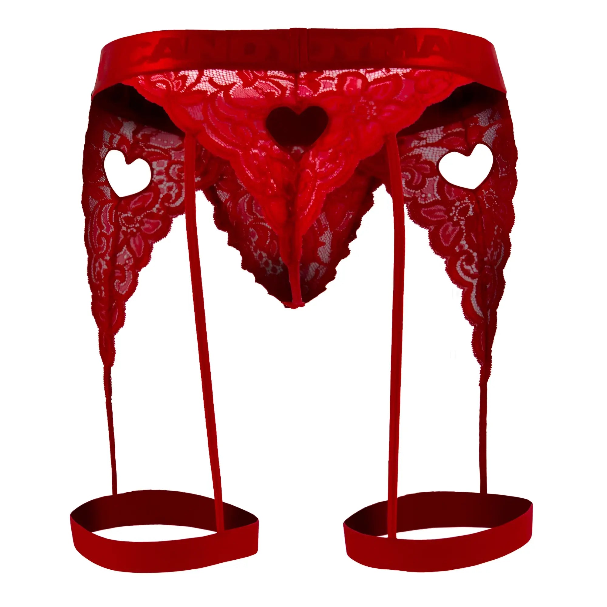 Red lace CandyMan 99310 thong with heart-shaped cutouts and matching straps in vibrant red color