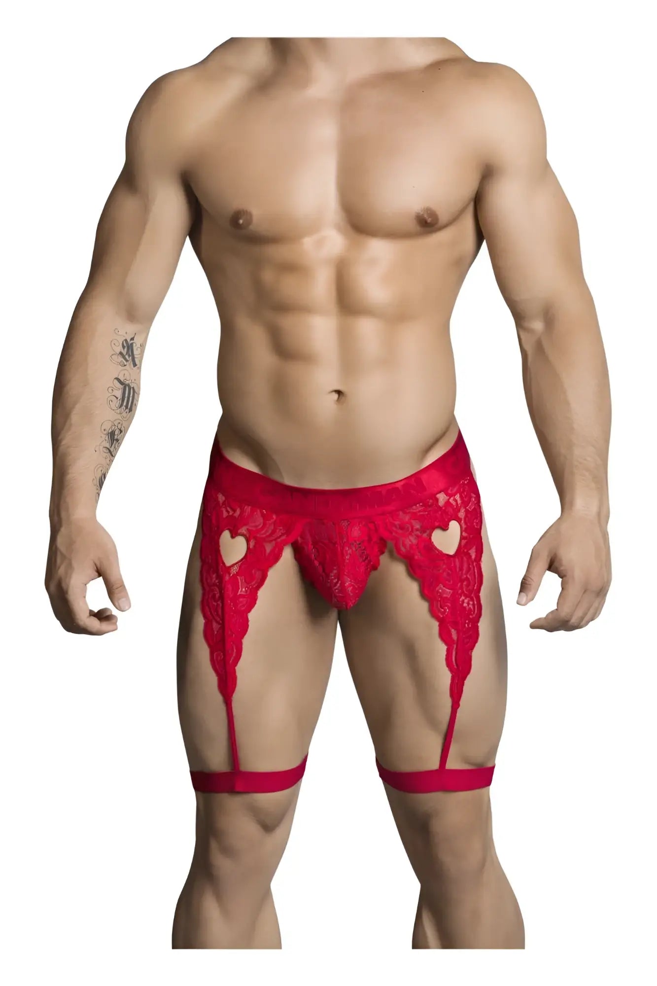 CandyMan 99310 red lace men’s garter belt with heart-shaped cutouts and matching straps in a thong style