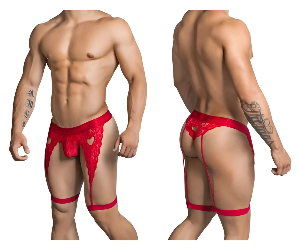 Red lace men’s lingerie thong with heart-shaped cutouts and suspenders in red candy man 99310 color red