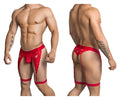 Red lace men’s lingerie thong with heart-shaped cutouts and suspenders in red candy man 99310 color red