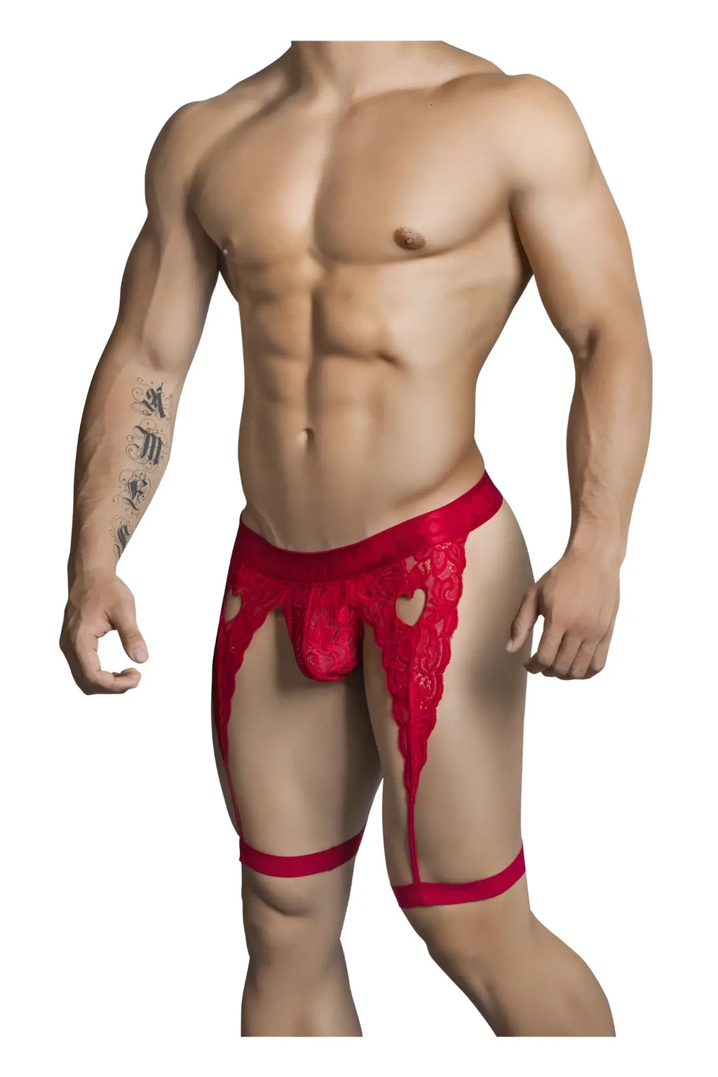 Red lace thong with heart-shaped cutouts and matching leg straps from candyman 99310 in red color