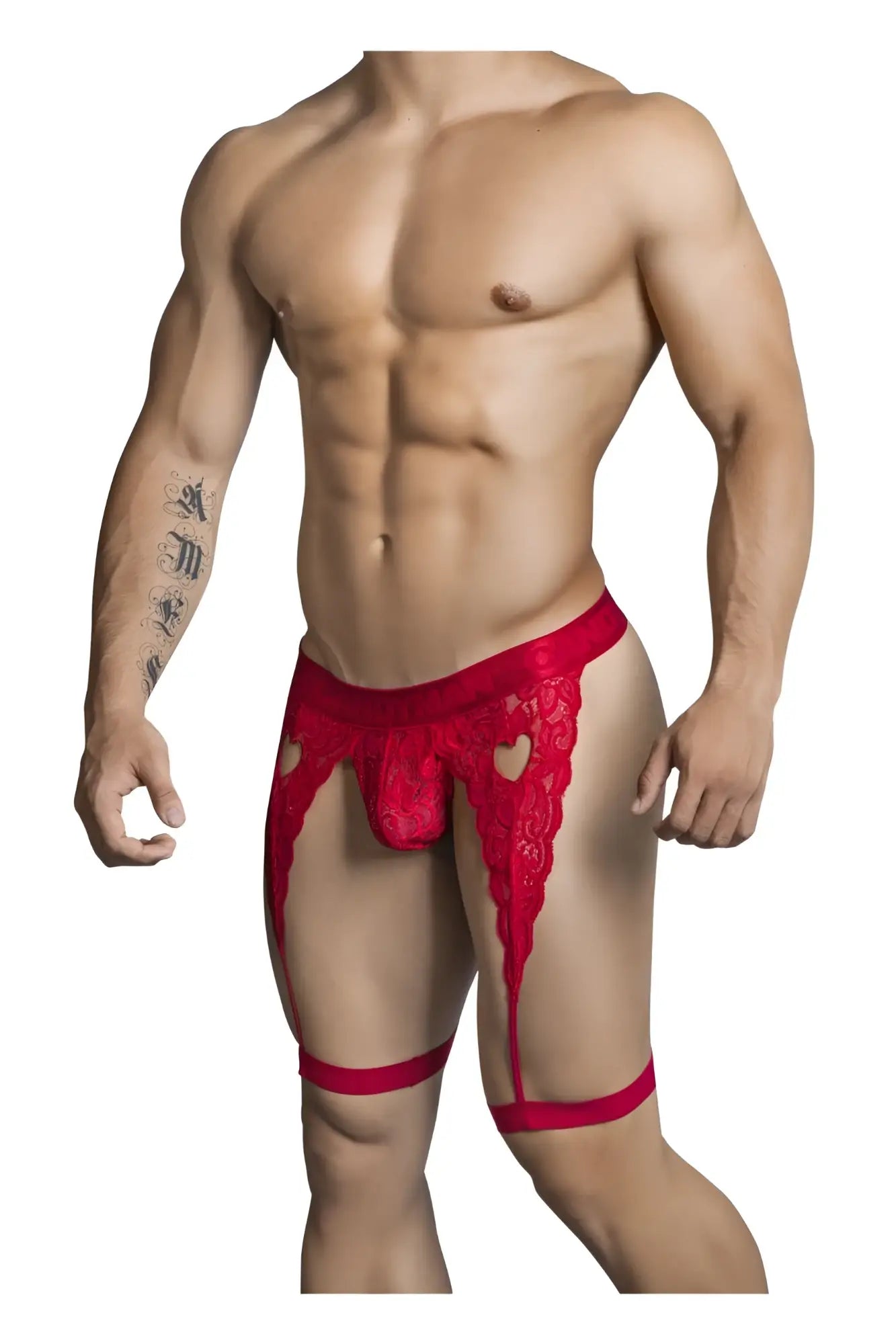 Red lace thong with heart-shaped cutouts and matching leg straps from candyman 99310 in red color