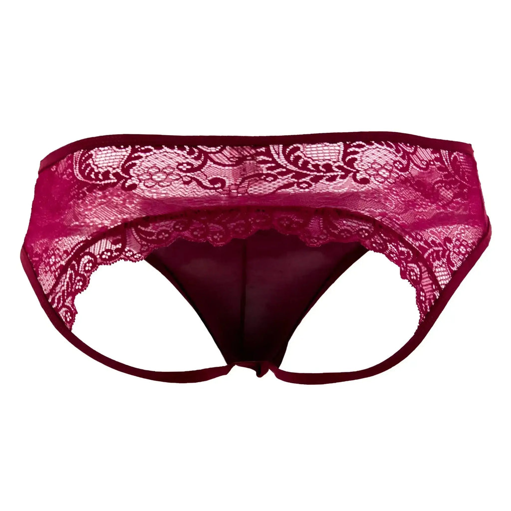 CandyMan 99312 jockstrap in burgundy with maroon lace trim sheer patterned design and solid fabric lining