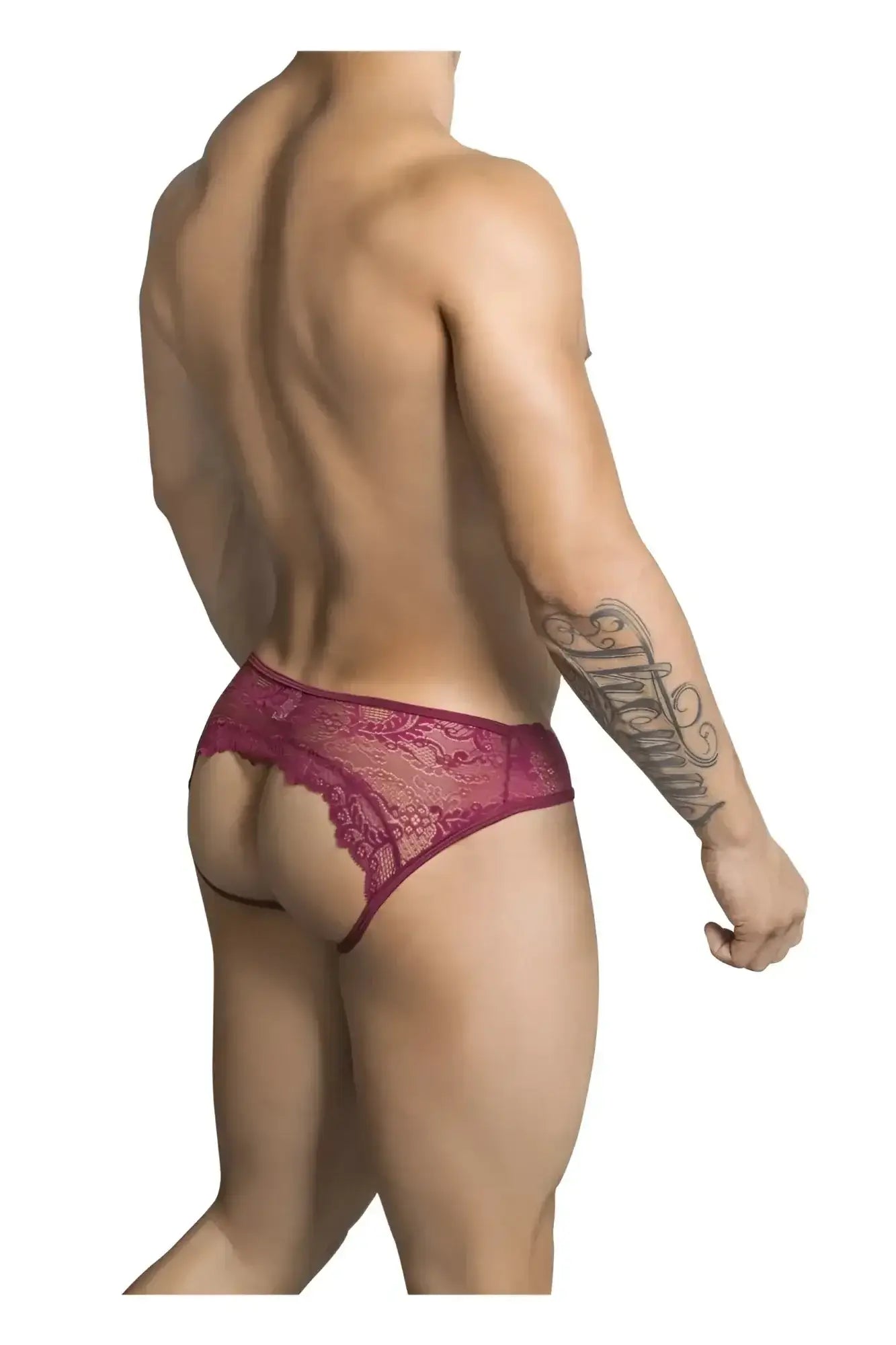 CandyMan 99312 jockstrap in burgundy maroon lace thong with intricate floral patterns and form-fitting design