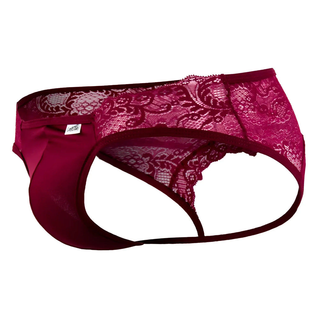 A burgundy candyman 99312 jockstrap featuring a maroon lace thong with floral patterns and satin-like lining