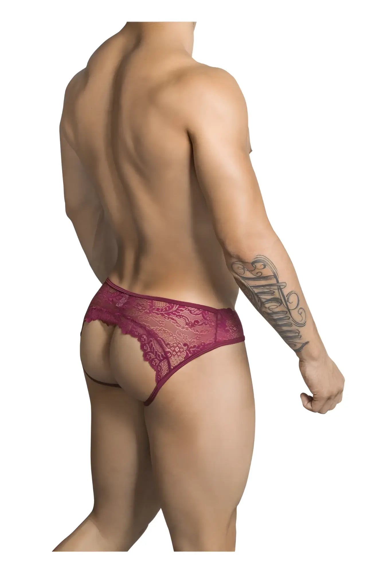CandyMan 99312 jockstrap in burgundy maroon lace thong with intricate floral patterns and form-fitting design