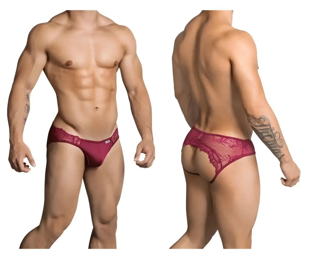 Maroon lace-trimmed mens briefs with subtle brand tag on waistband candyMan 99312 jockstrap color burgundy
