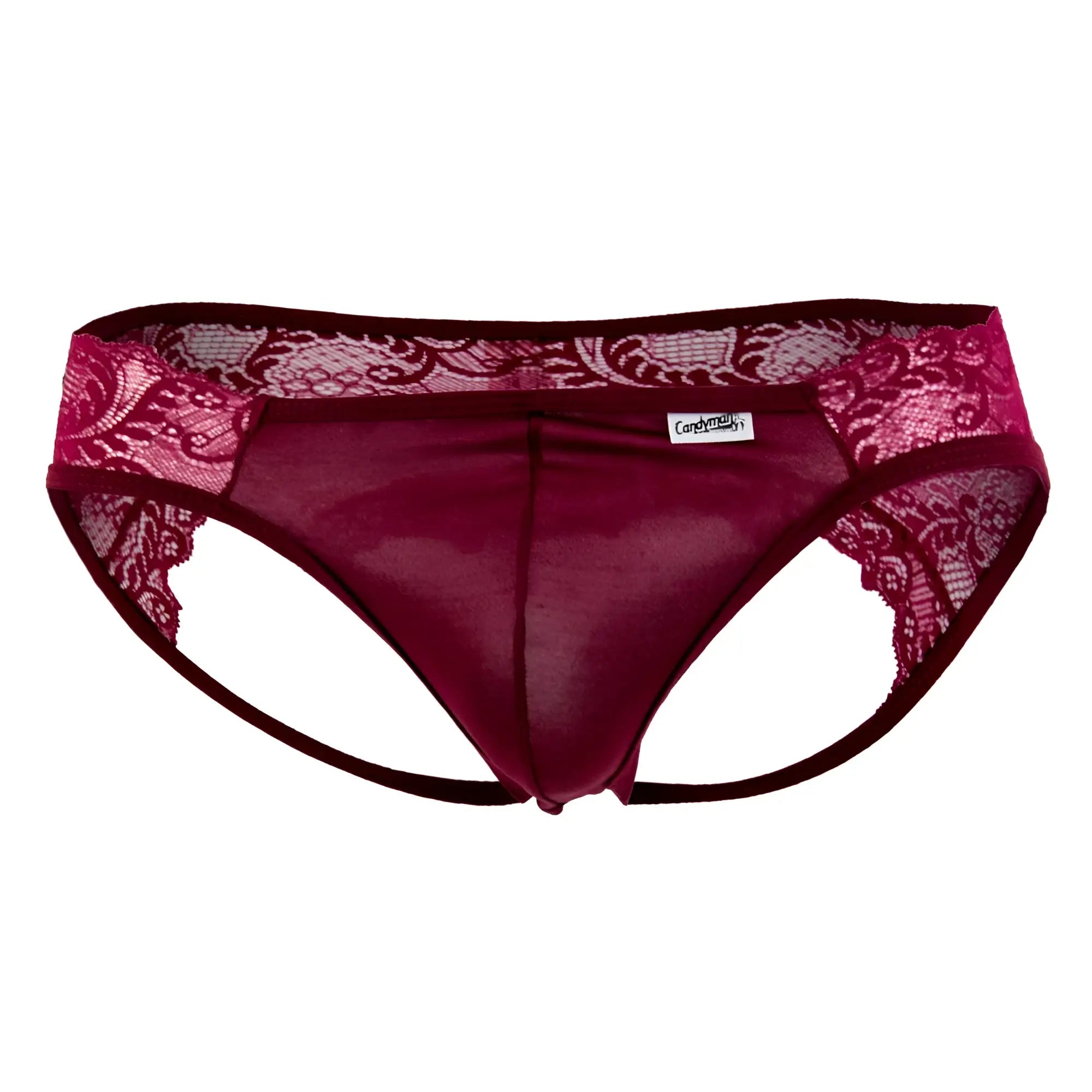 CandyMan 99312 jockstrap in burgundy with maroon lace trim, sheer mesh front, and floral waistband patterns