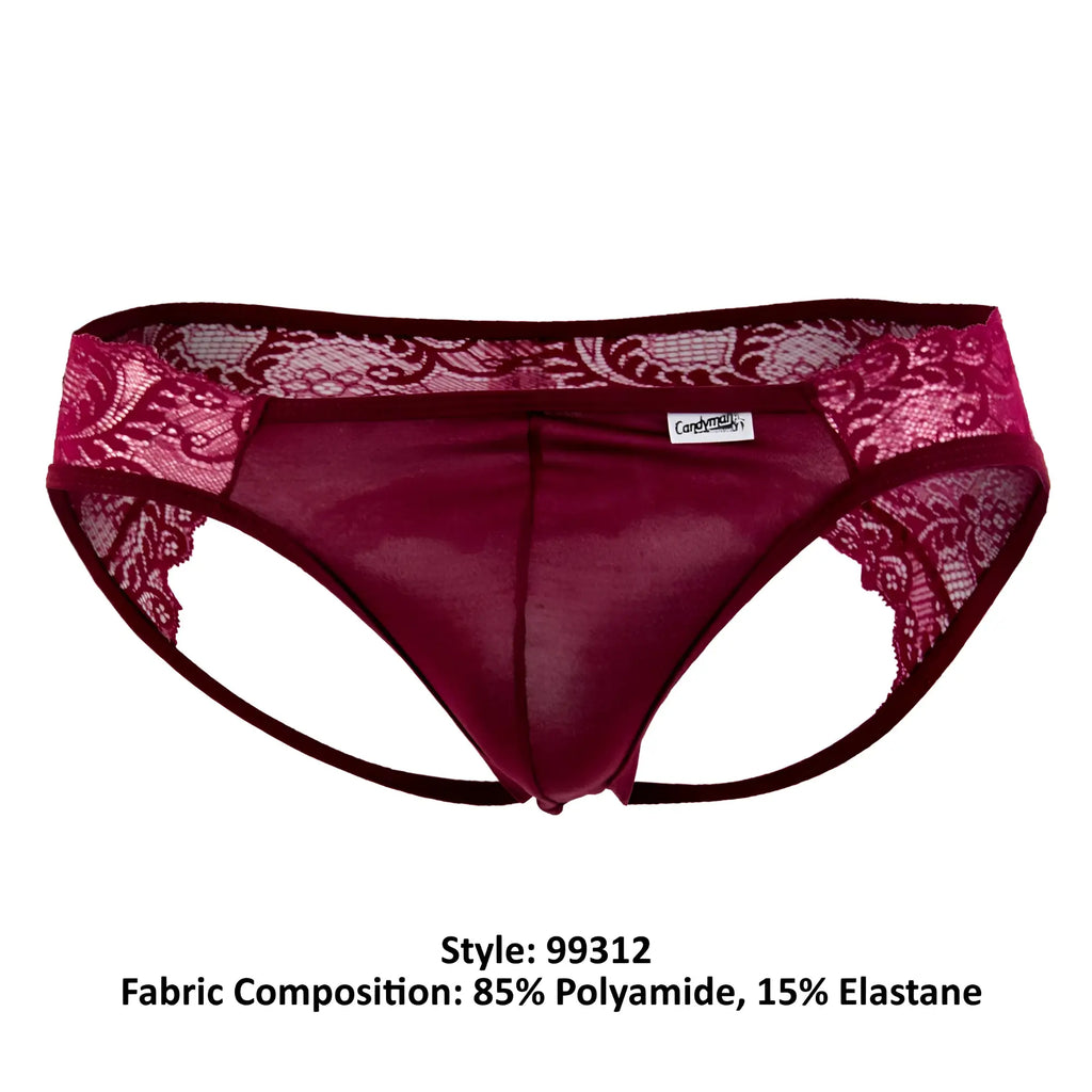 CandyMan 99312 jockstrap in burgundy with maroon lace trim sheer mesh center and elastic waistband for men