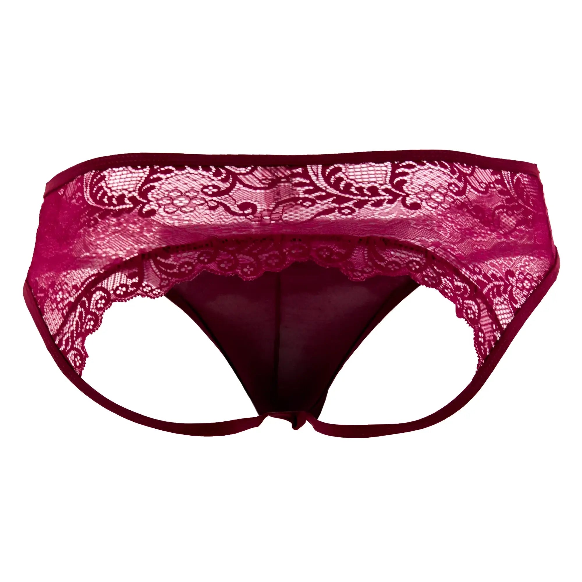 CandyMan 99312 jockstrap in burgundy with maroon lace trim sheer patterned design and solid fabric lining