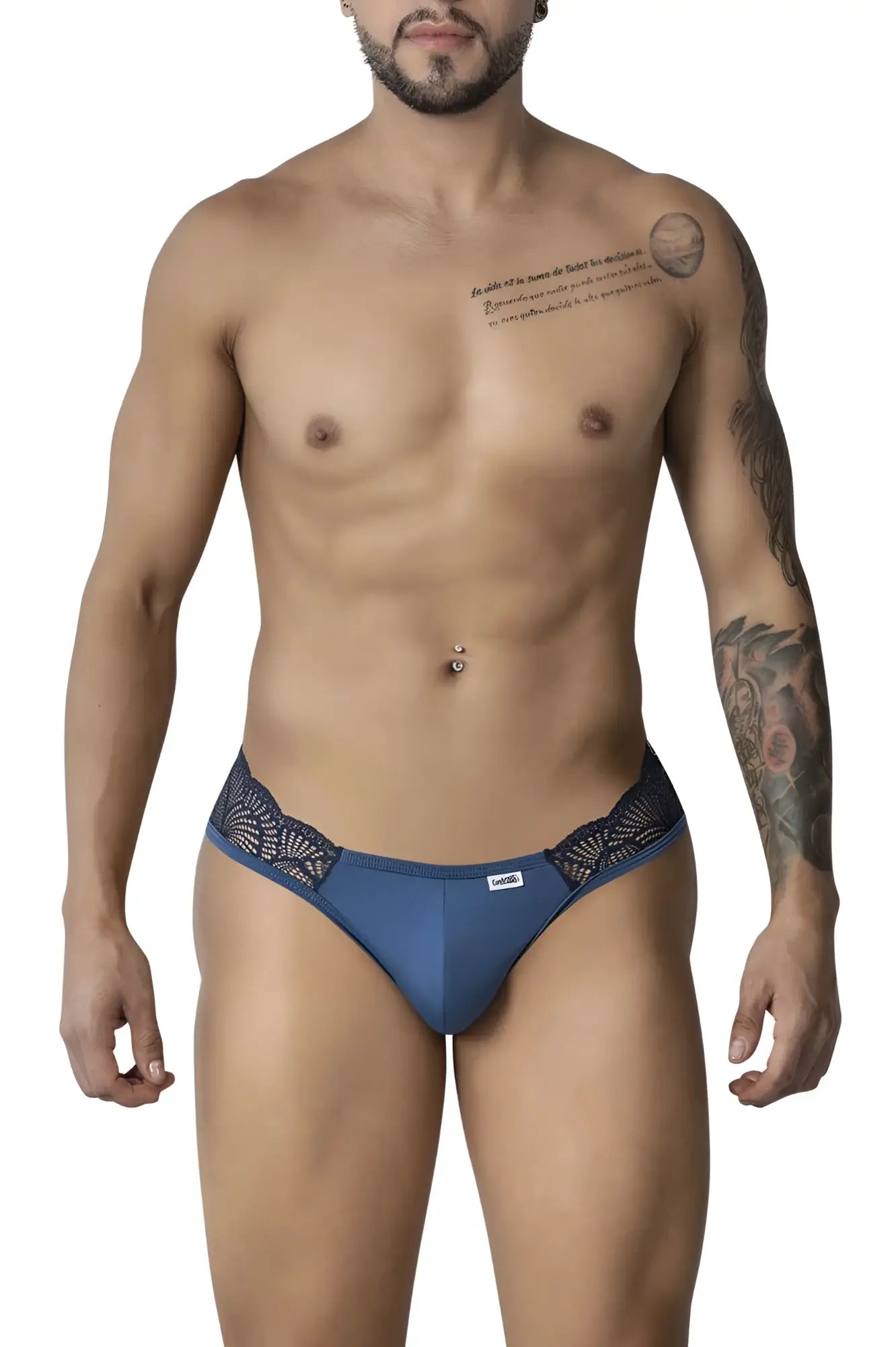 Blue lace-trimmed candyMan 99312 lace jockstrap briefs in navy with a branded tag