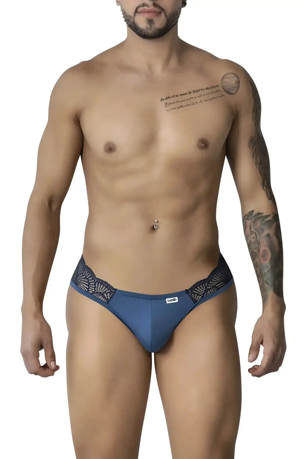 Blue lace-trimmed candyMan 99312 lace jockstrap briefs in navy with a branded tag