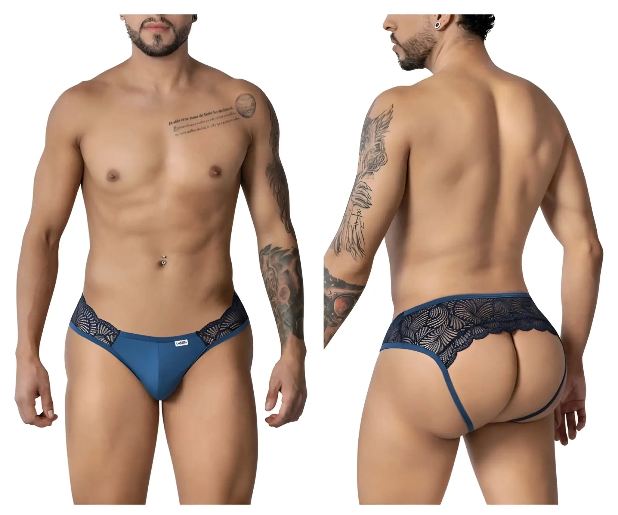 CandyMan 99312 navy blue lace-trimmed men’s briefs with sleek form-fitting design and lace detailing