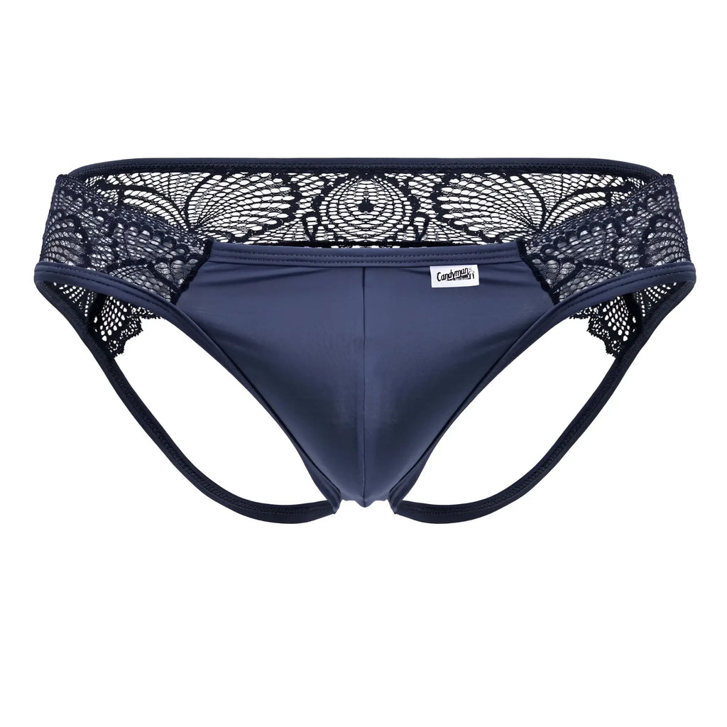 Navy blue lace-trimmed men’s briefs with smooth fabric and black floral embroidery on the waistband candy man 99312 lace jockstrap