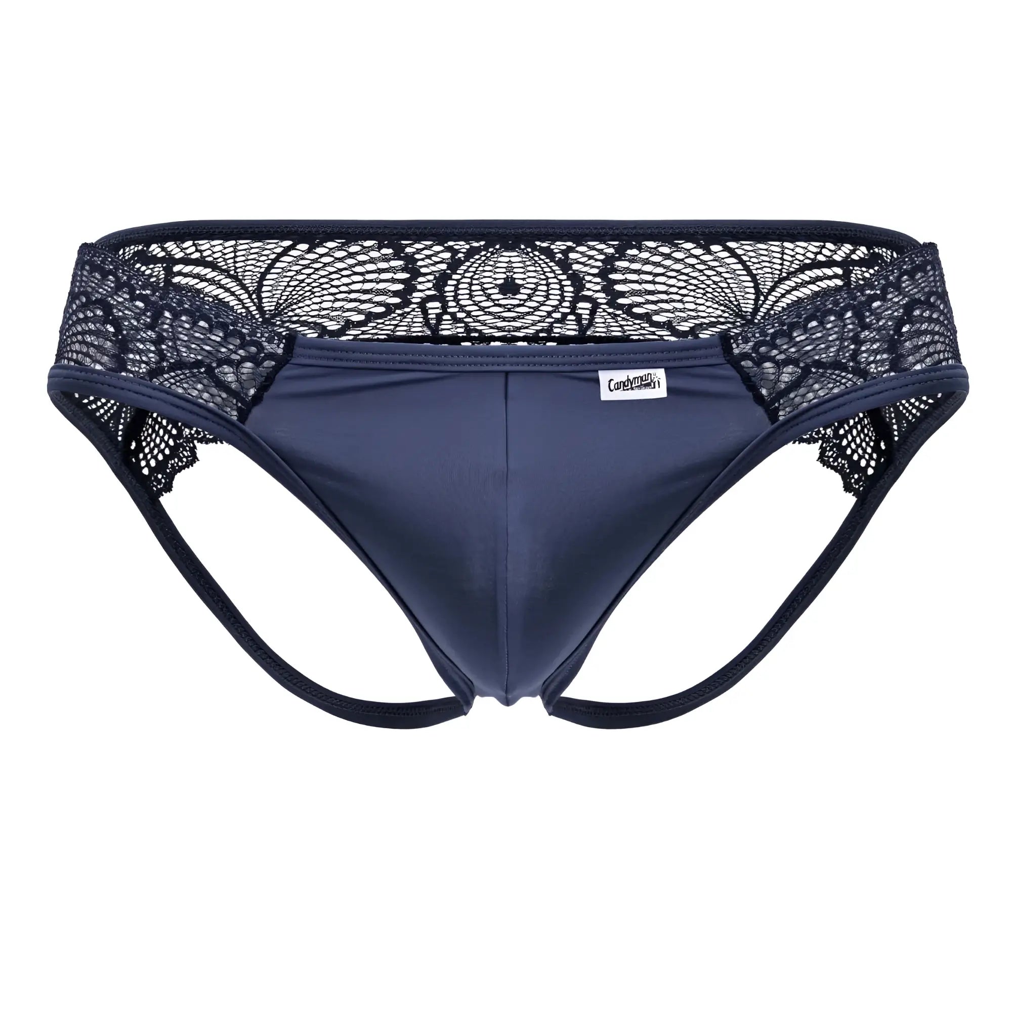 Navy blue lace-trimmed men’s briefs with smooth fabric and black floral embroidery on the waistband candy man 99312 lace jockstrap