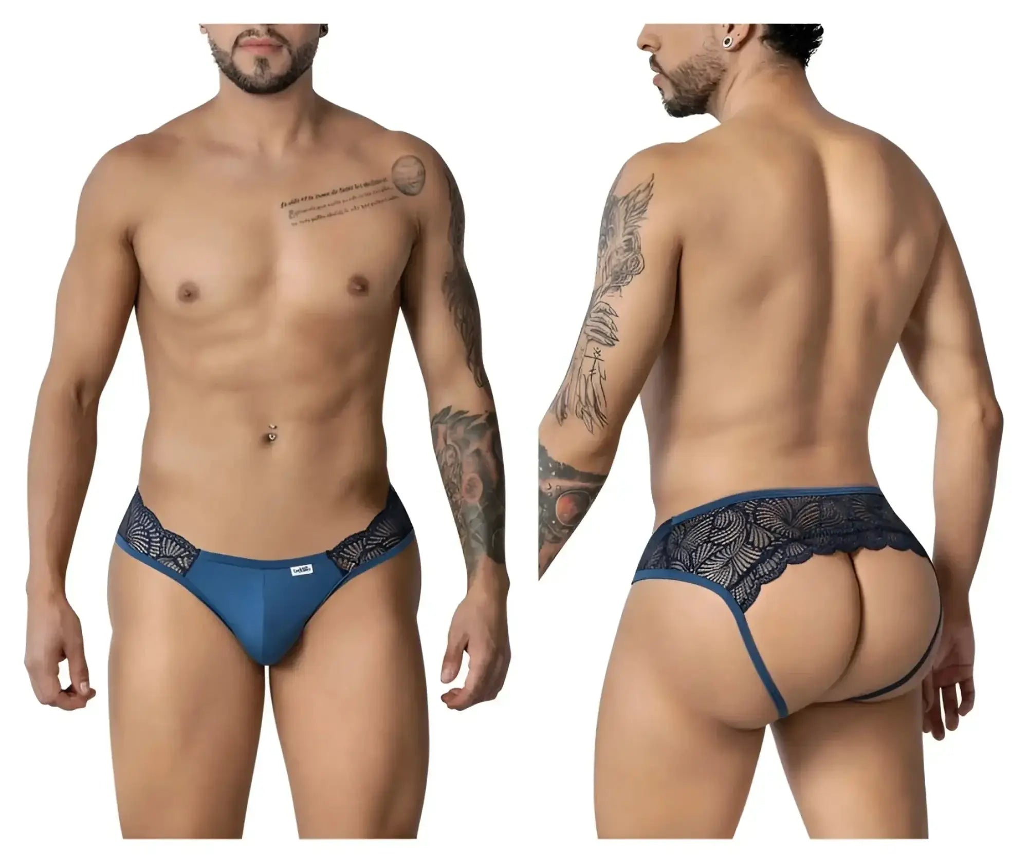 CandyMan 99312 navy blue lace-trimmed men’s briefs with sleek form-fitting design and lace detailing