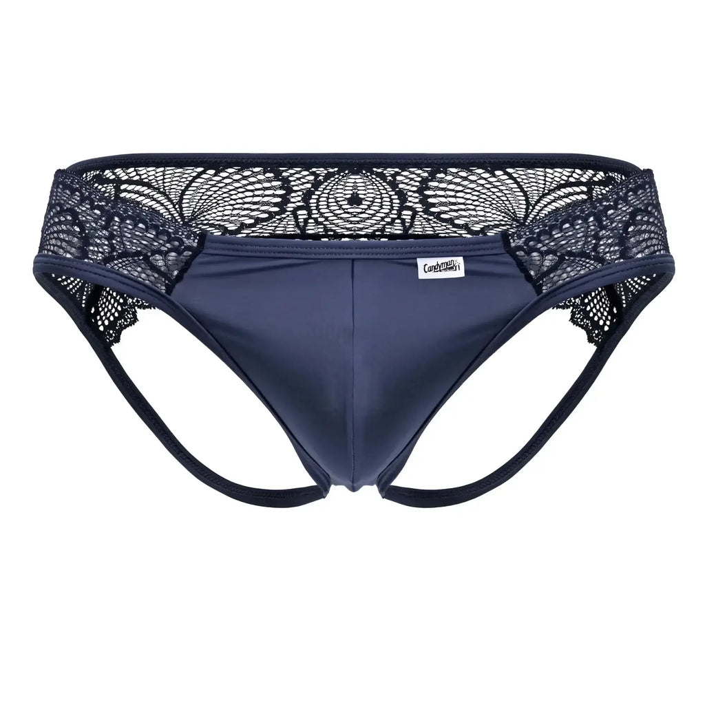 Navy blue lace-trimmed men’s briefs with smooth fabric and black floral embroidery on the waistband.