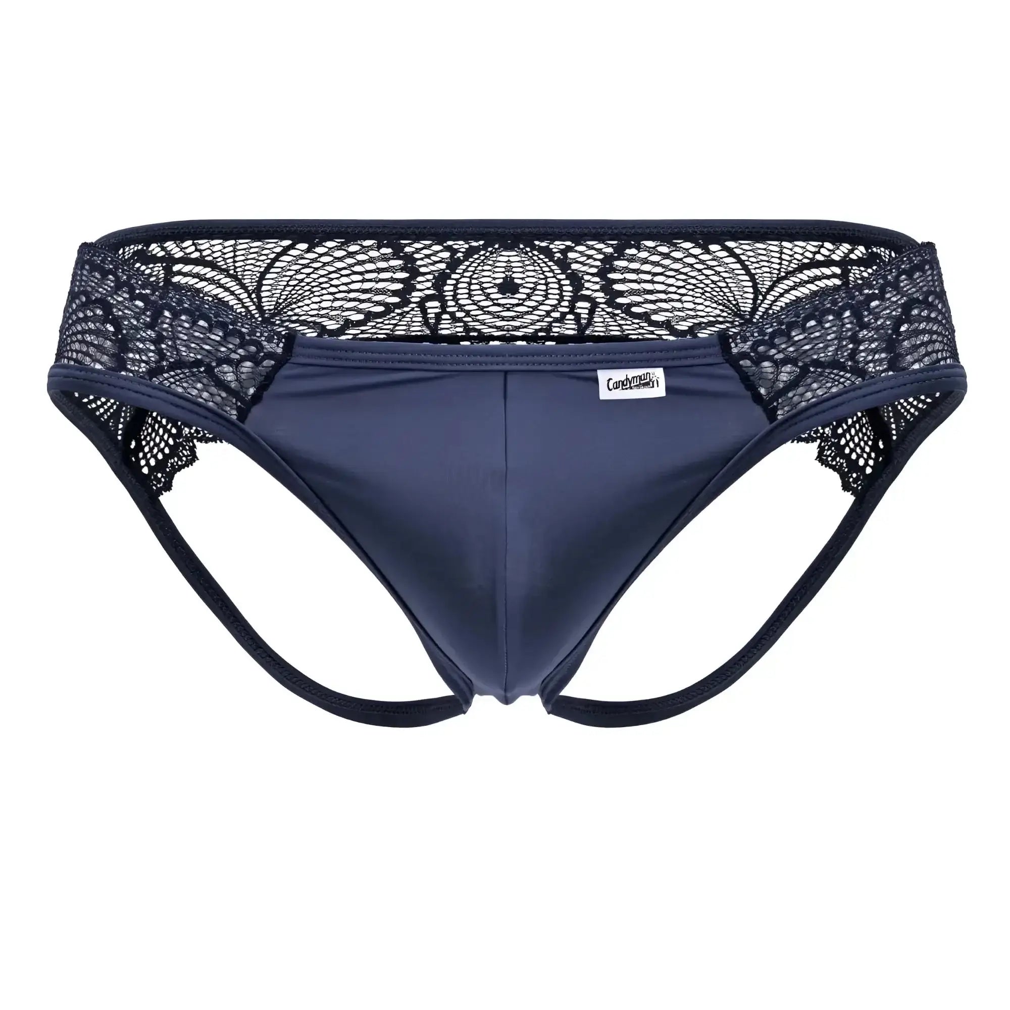 Navy blue lace-trimmed men’s briefs with smooth fabric and black floral embroidery on the waistband.