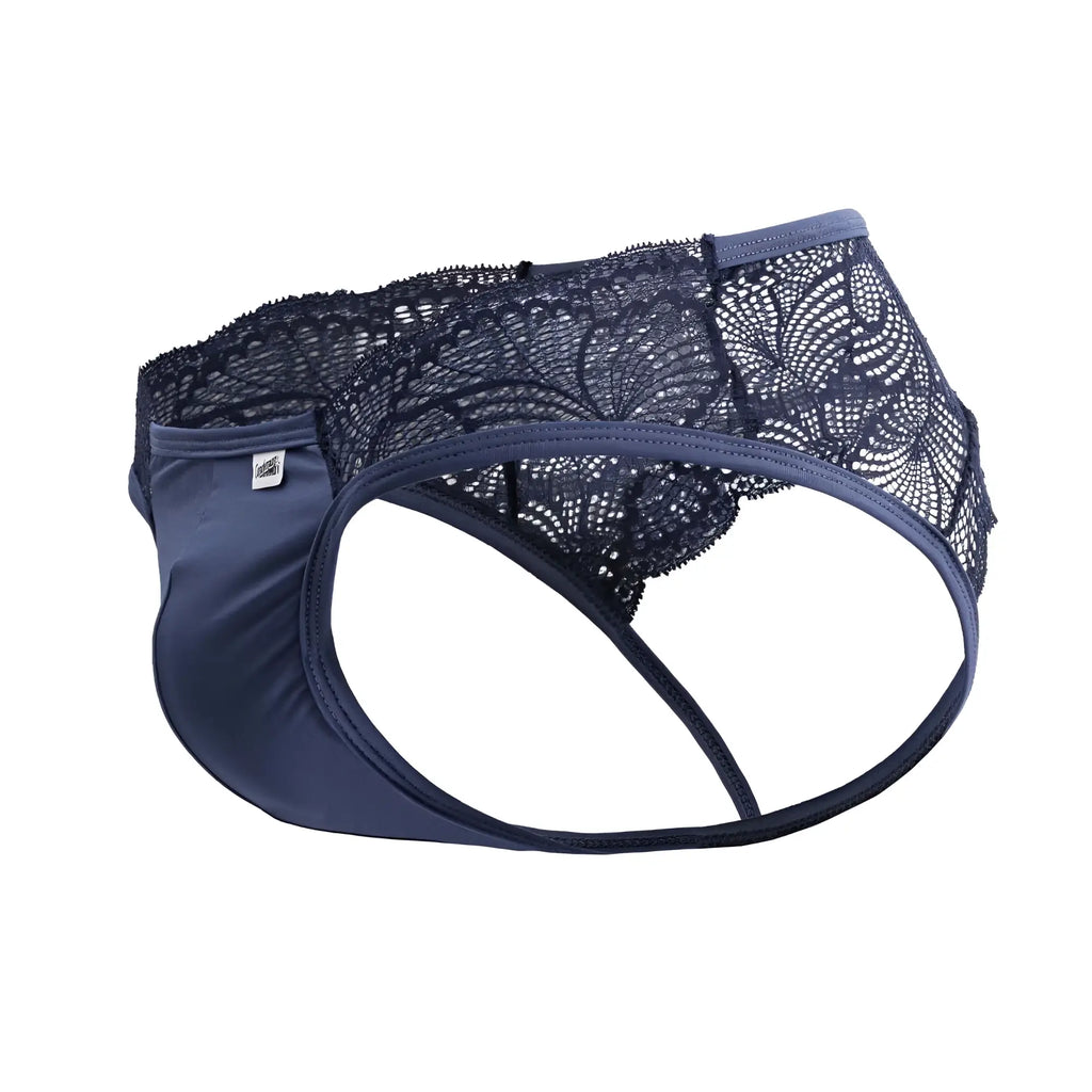CandyMan 99312 lace jockstrap navy blue briefs with lace trim and smooth floral fabric front