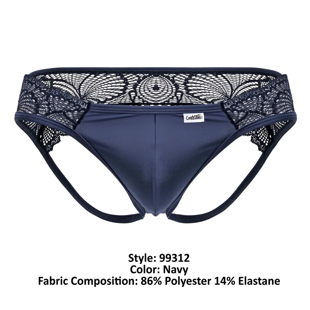 CandyMan 99312 navy lace jockstrap in smooth stretchy fabric with black floral lace trim waistband