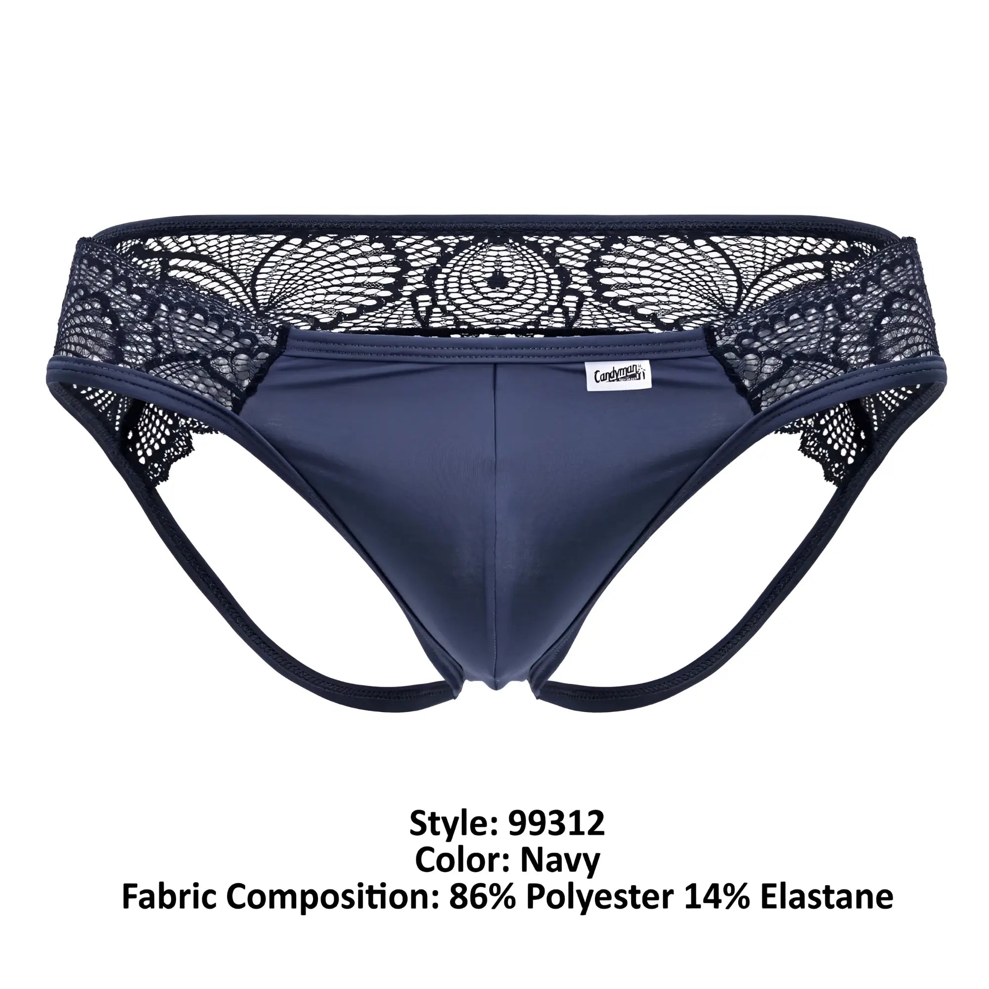 CandyMan 99312 navy lace jockstrap in smooth stretchy fabric with black floral lace trim waistband