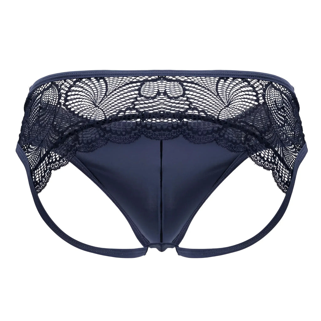 Navy blue lace-trimmed thong candyMan 99312 with smooth satin fabric and floral waistband detail, front view