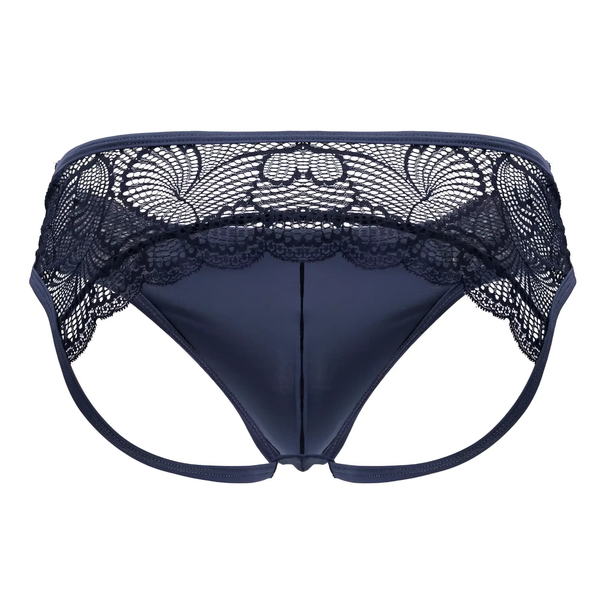 Navy blue lace-trimmed thong candyMan 99312 with smooth satin fabric and floral waistband detail, front view