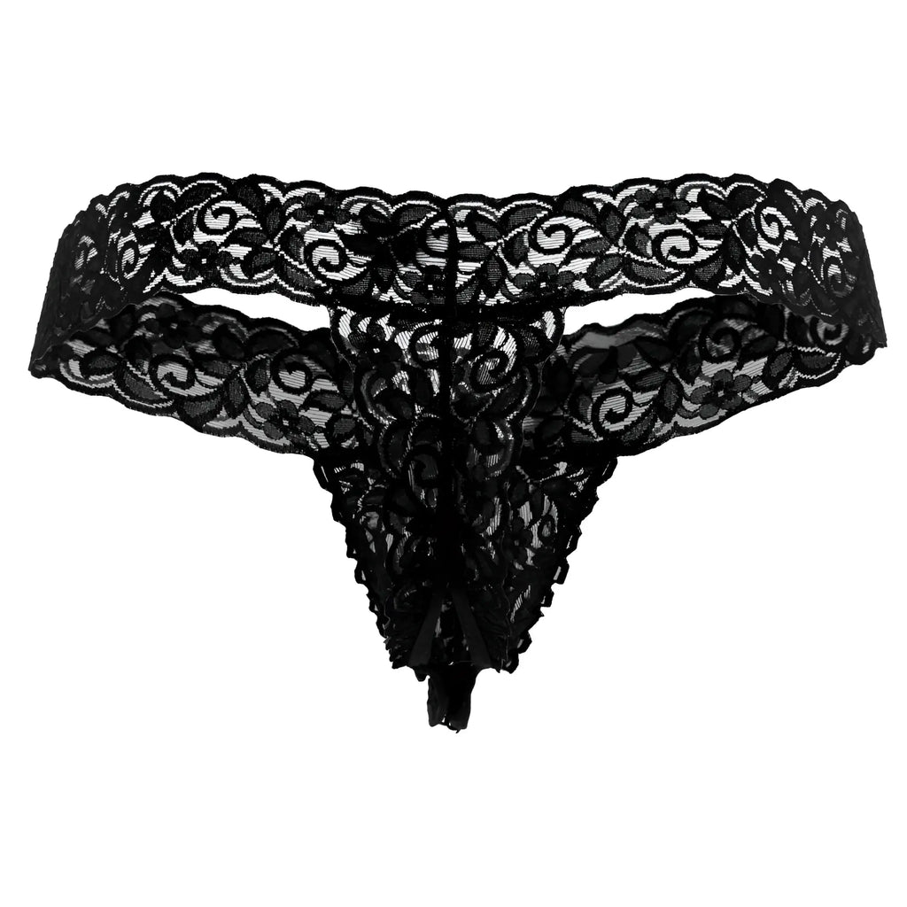 Black lace thong candy man 99315 peek a boo thongs with intricate floral and swirl patterns in black