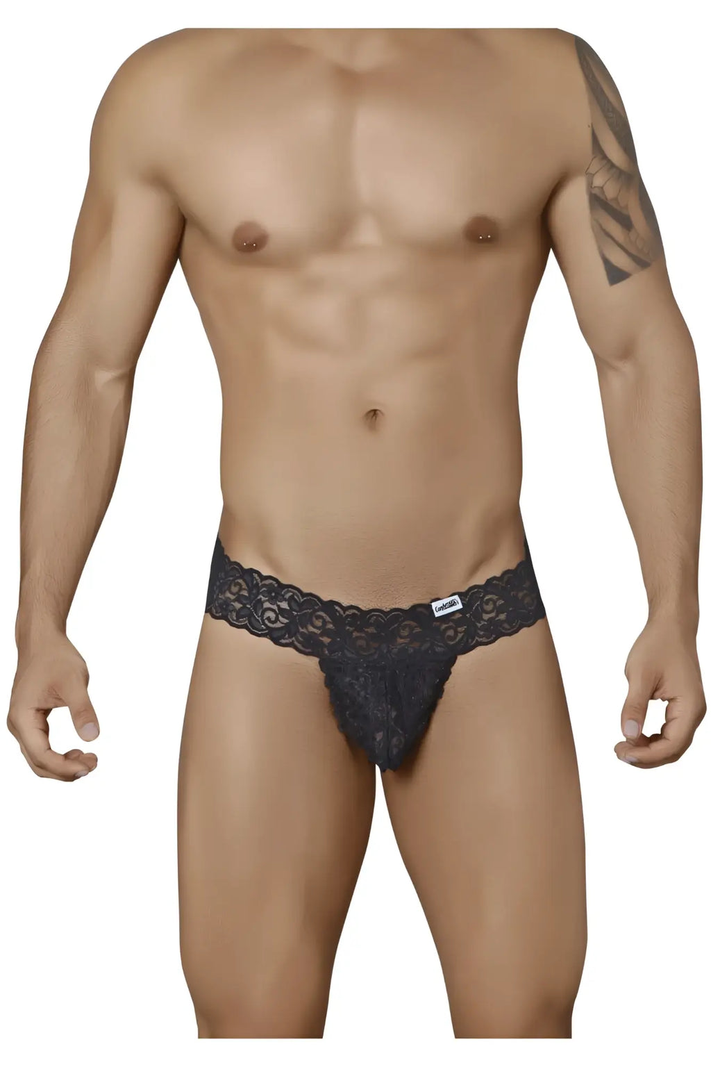 Black lace thong candyMan 99315 with intricate floral patterns and small brand tag on waistband in black color