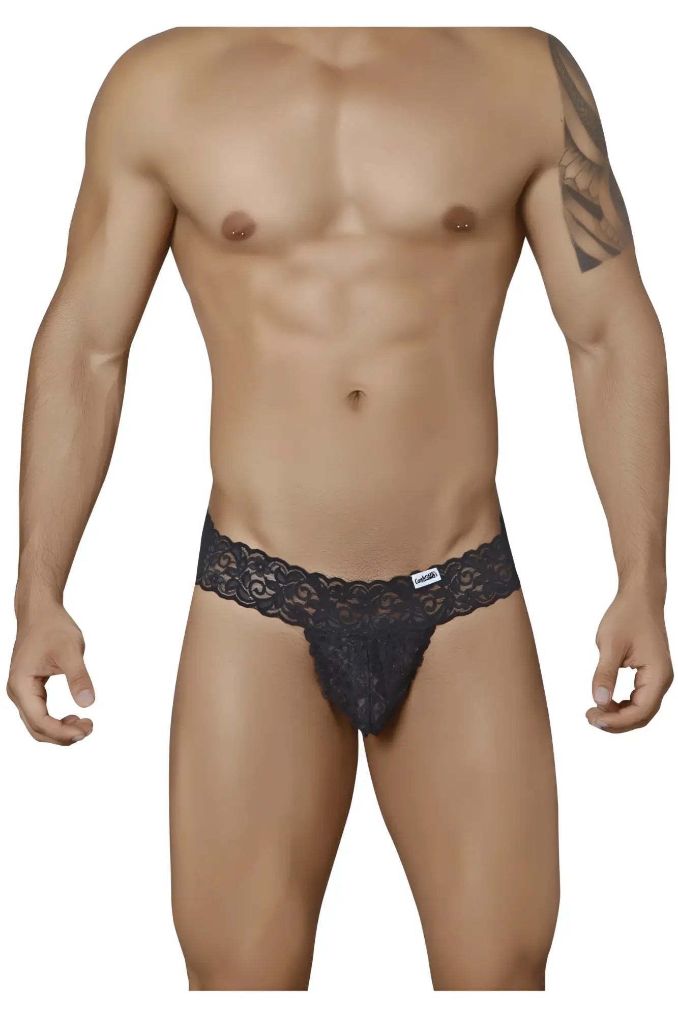 Black lace thong candyMan 99315 with intricate floral patterns and small brand tag on waistband in black color