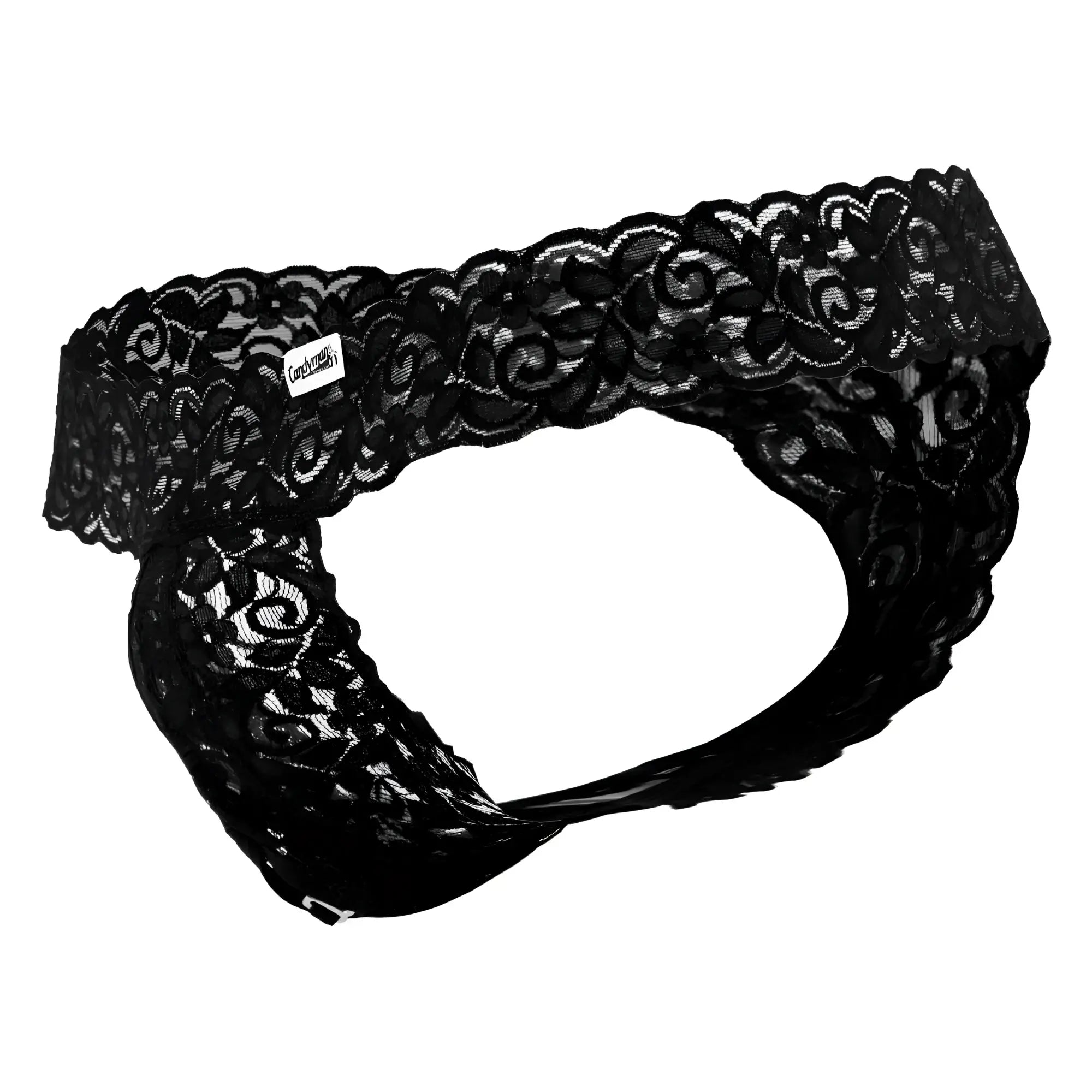 Black lace thong CandyMan 99315 peek a boo thongs with intricate floral patterns and sheer fabric design in black
