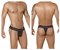 Black lace thong candyMan 99315 peek a boo thongs with intricate floral pattern and small brand tag on waistband