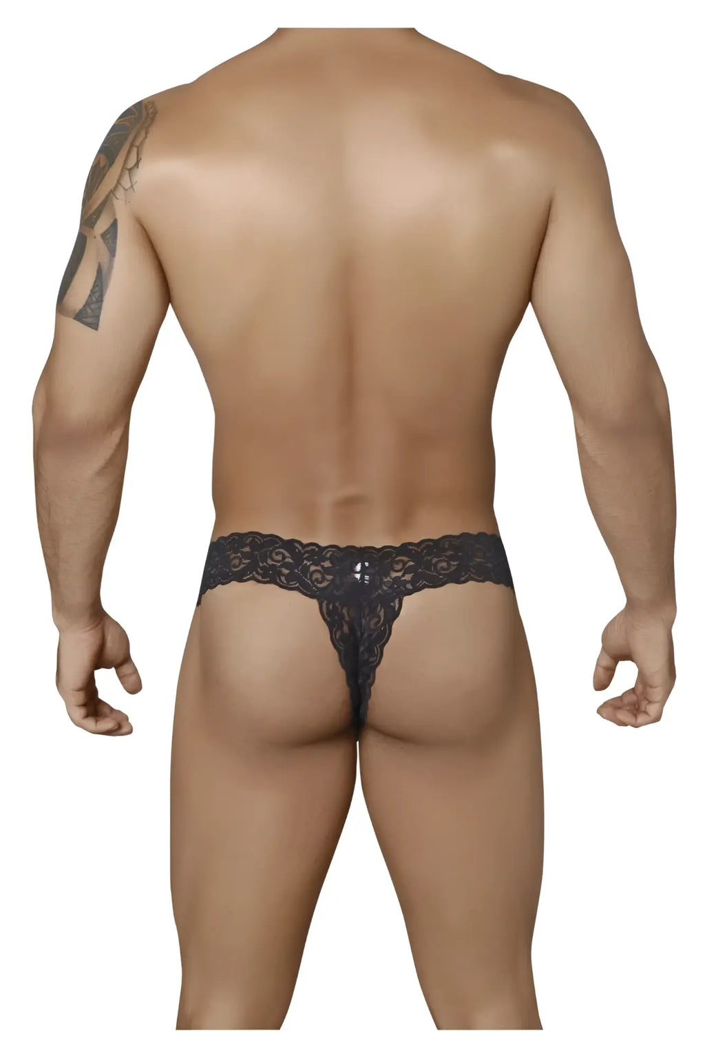 Black lace thong candy man 99315 peek a boo with intricate floral patterns and a small decorative center embellishment