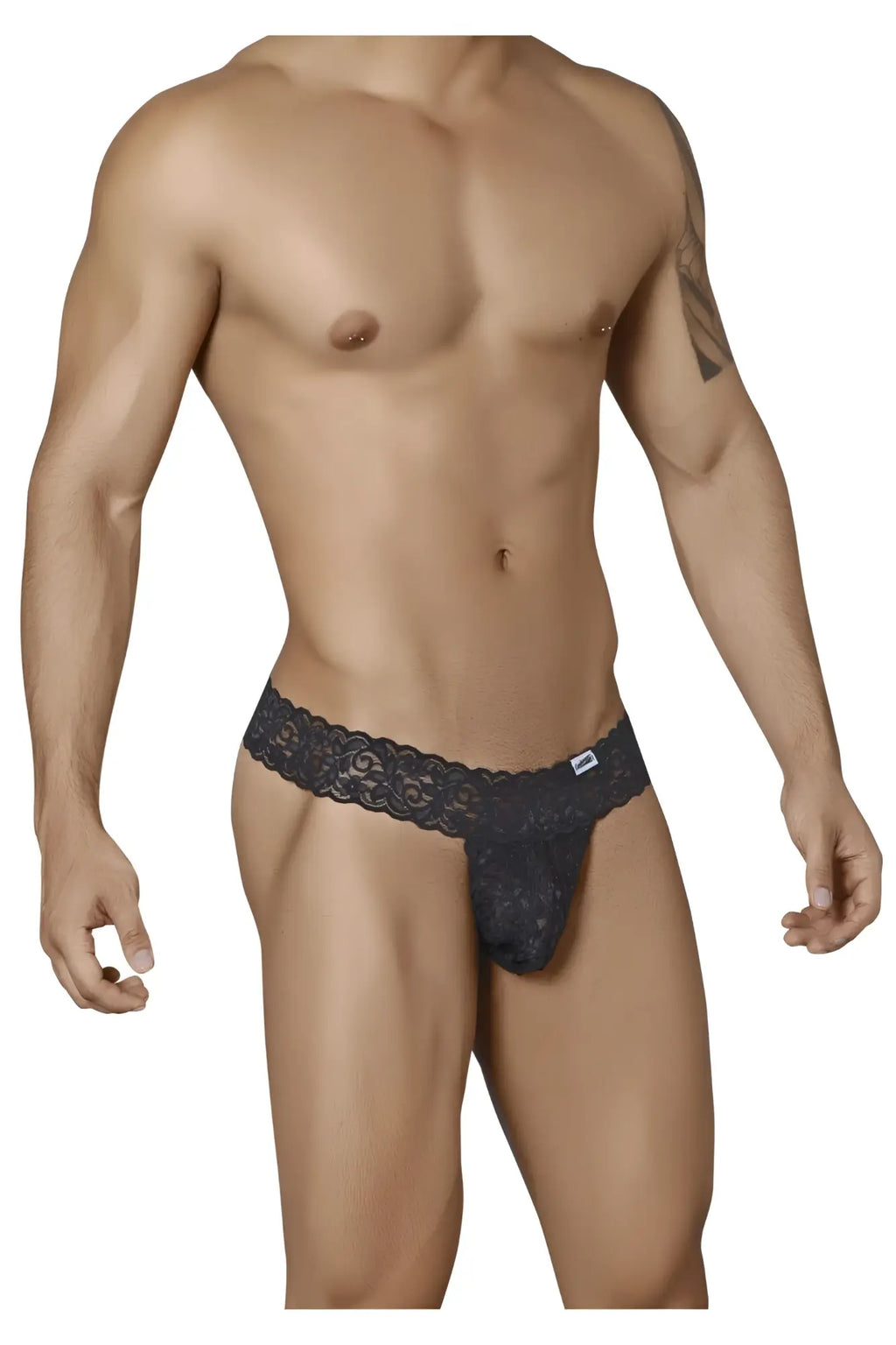 Black candyMan 99315 peek a boo thong with intricate floral lace patterns and a small white brand tag on the waistband