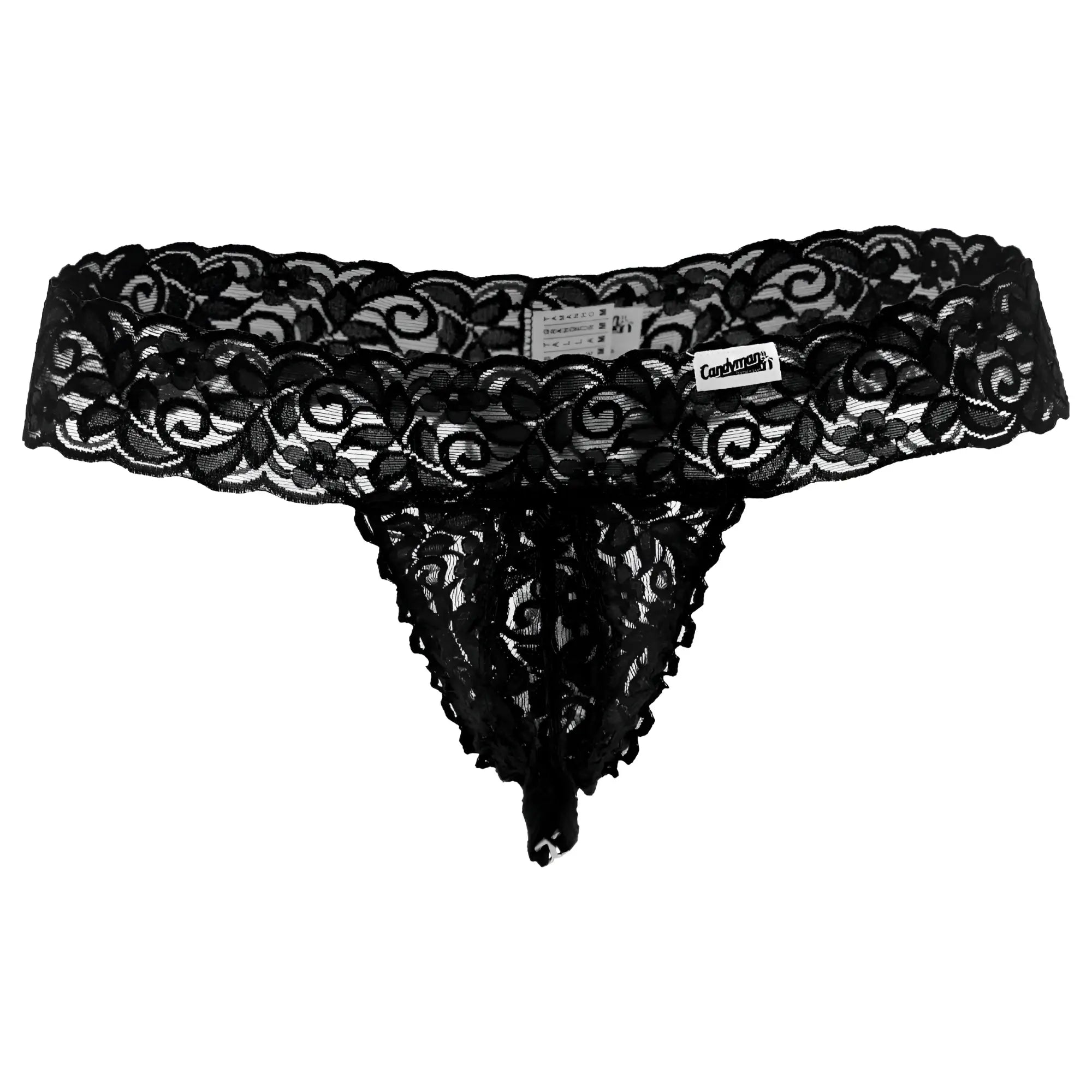 Black lace thong with intricate floral patterns and sheer design from Candyman 99315 peek a boo thongs in black