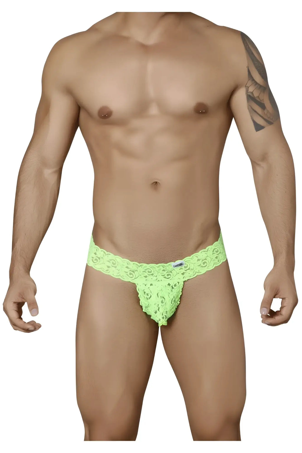 Bright neon green candyMan 99315 peek a boo lace thong with intricate floral patterns visible from the back