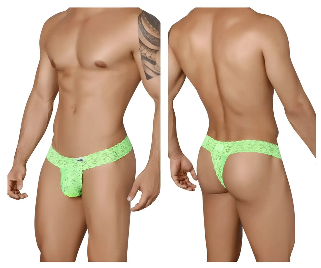 Bright neon green lace thong with intricate floral patterns candyMan 99315 peek a boo thongs color green front view
